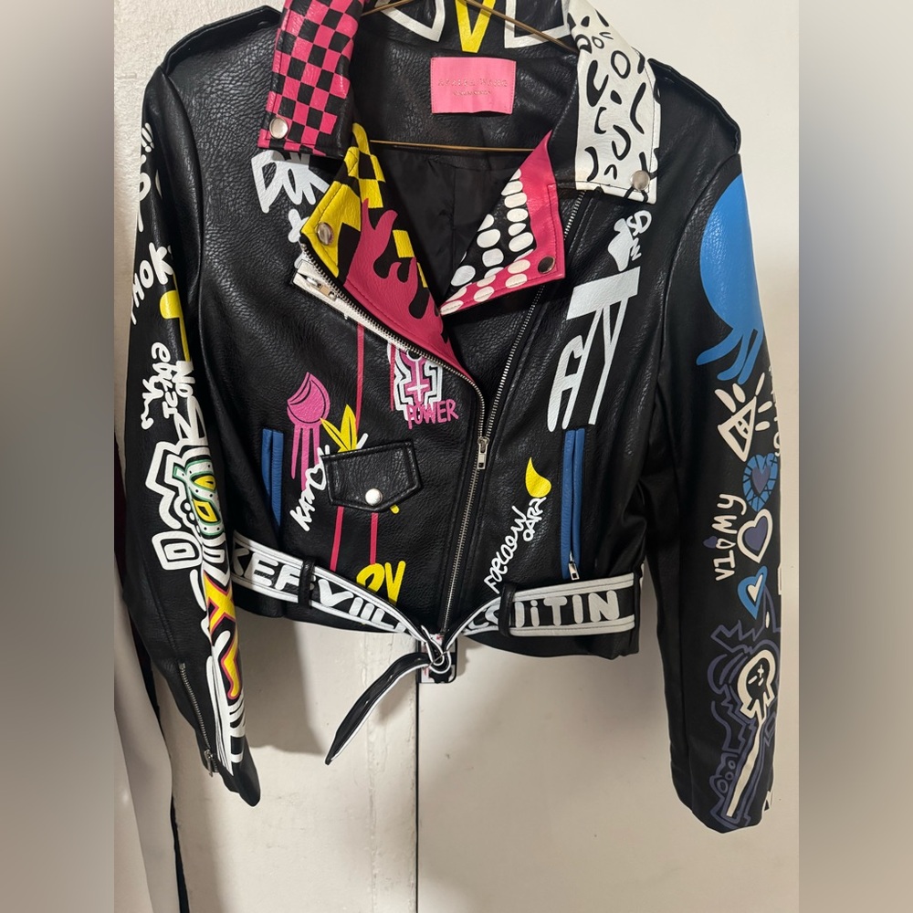 Vibrant Black Leather Jacket with Graffiti Art
